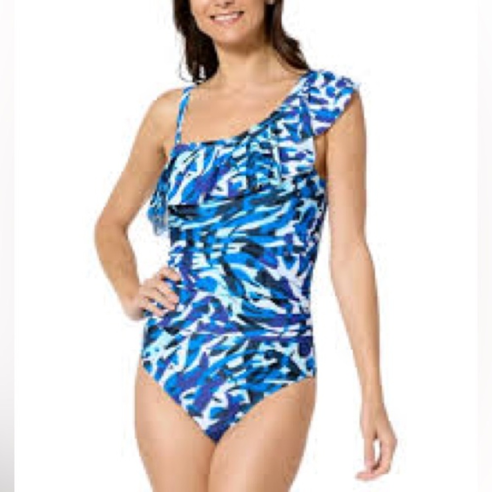 NWT Kathy Ireland One Piece Ruffed Shoulder Swimsuit Size 6